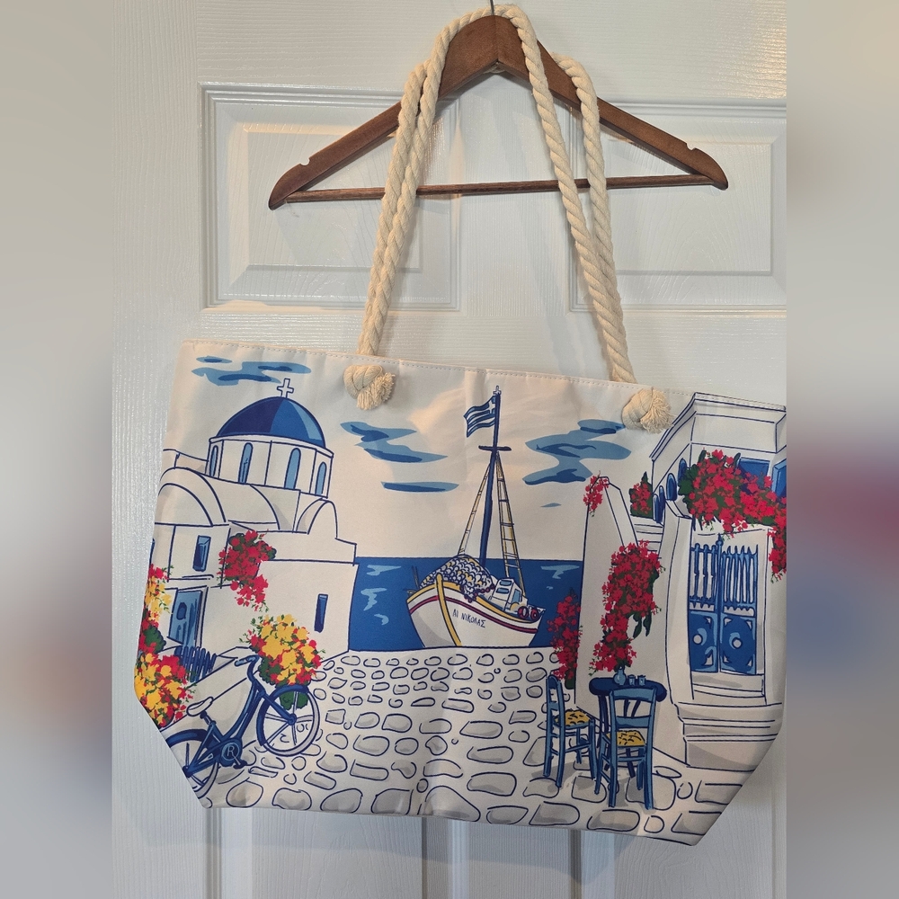 Greek Coastal Print Canvas Tote Bag with Rope Handles and Change Purse - Picture 4 of 8